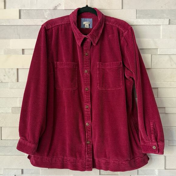 LL BEAN Wide Whale Corduroy Button Front Shirt Jacket Pockets Burgundy 2X - Picture 1 of 7
